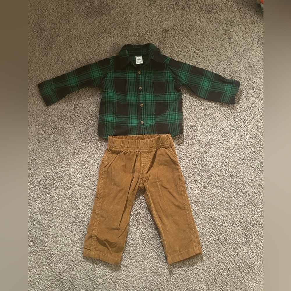 Carter's Green Plaid Shirt and Brown corduroy pants set.Size 9 months.